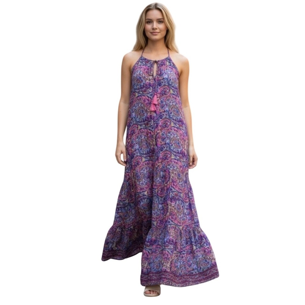 Boemo Anthropologie Boho Ruffle Tiered Halter Maxi Dress Size M Paisley Peasant